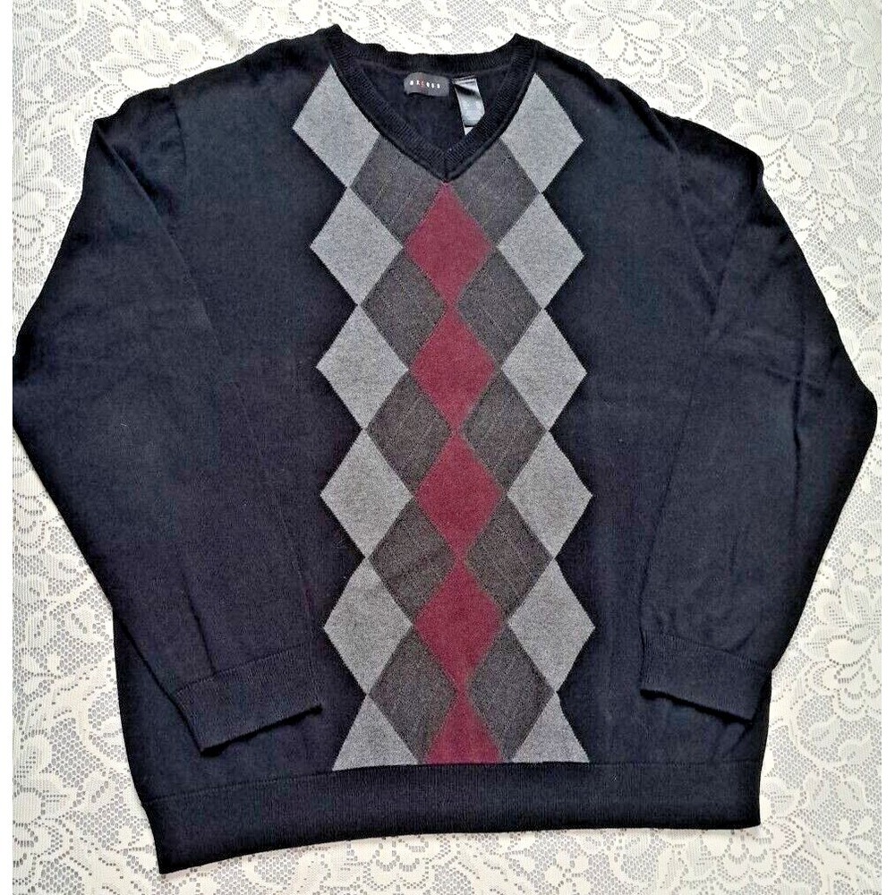 Axcess‎ Sweater Men's XL Pullover V-neck Black Gray Burgundy Argyle Pre-owned